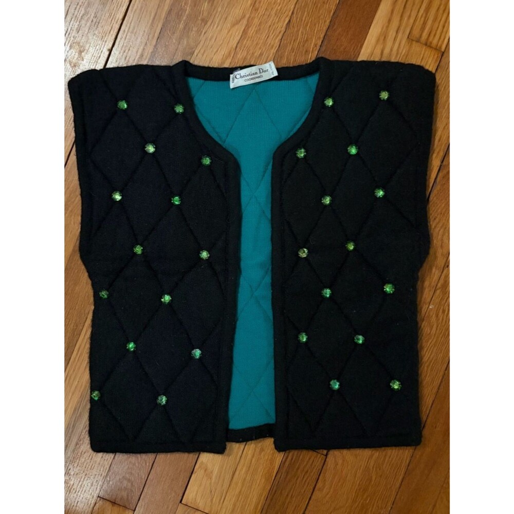 Christian Dior Vintage Coordonnés Mohair Knit Vest Set Green Crystal Size M